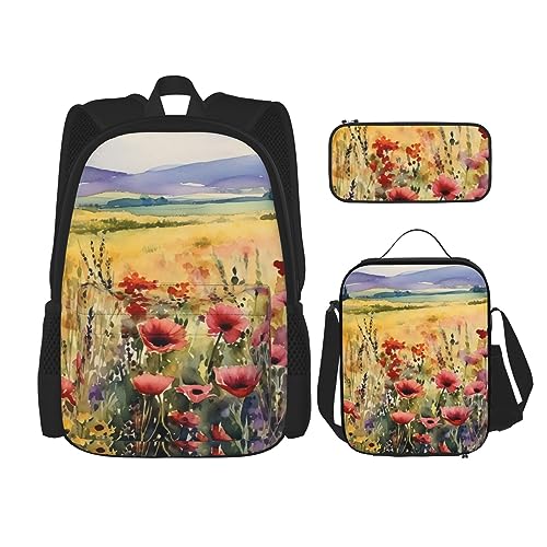 cfpolar 3-teiliger Rucksack, Aquarell-Mohnblumen-Rucksack, Lunch-Tasche, Federmäppchen, Reise-Laptop-Rucksack, Büchertasche, Lunchbox, Thermo-Kühltasche, Kulturbeutel, Aufbewahrungstasche für Reisen, von cfpolar