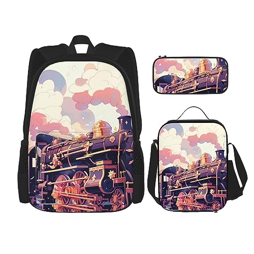 cfpolar 3-teiliger Rucksack, Aquarell-Vintage-Dampfzug-Rucksack, Lunch-Tasche, Federmäppchen, Reise-Laptop-Rucksack, Büchertasche, Lunchbox, Thermo-Kühltasche, Kulturbeutel, Aufbewahrungstasche für von cfpolar