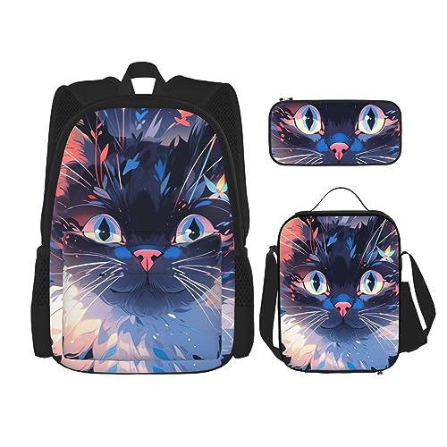 cfpolar 3-teiliger Rucksack, Aquarell-süßes Katzenmuster, Rucksack, Lunch-Tasche, Federmäppchen, Reise-Laptop-Rucksack, Büchertasche, Lunchbox, Thermo-Kühltasche, Kulturbeutel, Aufbewahrungstasche für von cfpolar