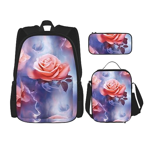 cfpolar 3-teiliger Rucksack, Art Rose Blumen Rucksack Mittagessen Tasche Federmäppchen Reise Laptop Rucksack Büchertasche Lunchbox Thermo-Kühltasche Kulturbeutel Aufbewahrungstasche für Reisen Arbeit von cfpolar