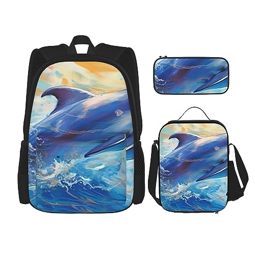 cfpolar 3-teiliger Rucksack, Delfine springen aus Meer Malerei Rucksack Mittagessen Tasche Federmäppchen Reise Laptop Rucksack Büchertasche Lunchbox Thermo-Kühltasche Kulturbeutel Aufbewahrungstasche von cfpolar