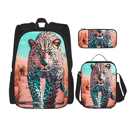 cfpolar 3-teiliger Rucksack, Desert King Leopard Rucksack Lunchtasche Federmäppchen Reise Laptop Rucksack Büchertasche Lunchbox Thermo-Kühltasche Kulturbeutel Aufbewahrungstasche für Reisen Arbeit von cfpolar