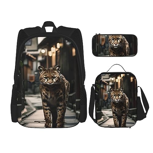 cfpolar 3-teiliger Rucksack, Leoparden auf der Straße, Haus-Rucksack, Lunch-Tasche, Federmäppchen, Reise-Laptop-Rucksack, Büchertasche, Lunchbox, Thermo-Kühltasche, Kulturbeutel, Aufbewahrungstasche von cfpolar