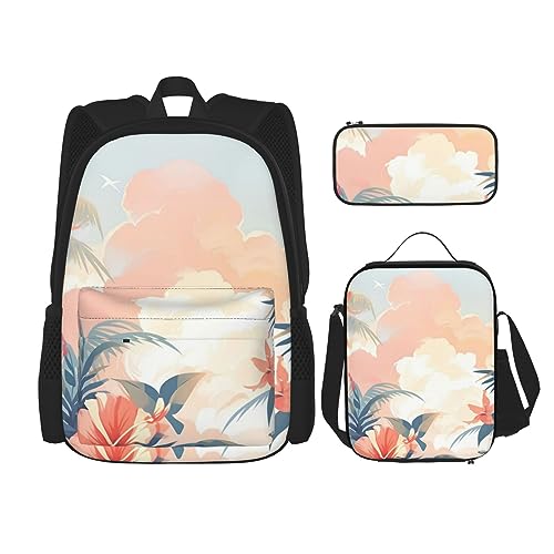 cfpolar 3-teiliger Rucksack, Palmenblätter, Blumen, Rucksack, Lunch-Tasche, Federmäppchen, Reise-Laptop-Rucksack, Büchertasche, Lunchbox, Thermo-Kühltasche, Kulturbeutel, Aufbewahrungstasche für von cfpolar