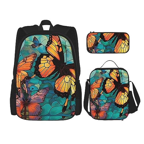 cfpolar 3-teiliger Rucksack, Schmetterlinge auf buntem Glas, Lunch-Tasche, Federmäppchen, Reise-Laptop-Rucksack, Büchertasche, Lunchbox, Thermo-Kühltasche, Kulturbeutel, Aufbewahrungstasche für von cfpolar