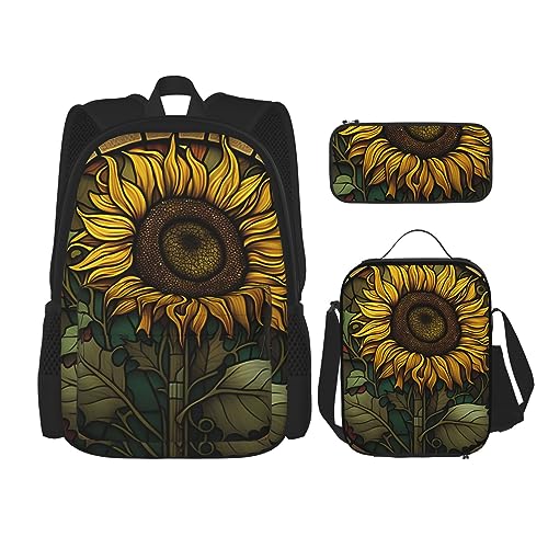 cfpolar 3-teiliger Rucksack, Sonnenblumen, Palmenblätter, Rucksack, Lunch-Tasche, Federmäppchen, Reise-Laptop-Rucksack, Büchertasche, Lunchbox, Thermo-Kühltasche, Kulturbeutel, Aufbewahrungstasche für von cfpolar