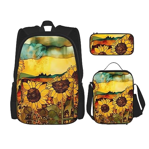 cfpolar 3-teiliger Rucksack, Sonnenblumen-Aquarell-Hintergrund, Rucksack, Lunch-Tasche, Federmäppchen, Reise-Laptop-Rucksack, Büchertasche, Lunchbox, Thermo-Kühltasche, Kulturbeutel, von cfpolar