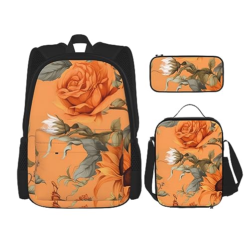 cfpolar 3-teiliger Rucksack, Sonnenblumen-grüne Blätter, Rucksack, Lunch-Tasche, Federmäppchen, Reise-Laptop-Rucksack, Büchertasche, Lunchbox, Thermo-Kühltasche, Kulturbeutel, Aufbewahrungstasche für von cfpolar