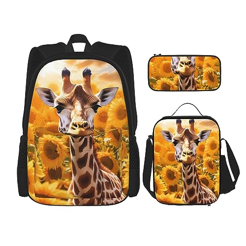 cfpolar 3-teiliger Rucksack, Tier-Giraffe, Sonnenblumenfelder, Rucksack, Lunch-Tasche, Federmäppchen, Reise, Laptop-Rucksack, Büchertasche, Lunchbox, Thermo-Kühltasche, Kulturbeutel, von cfpolar