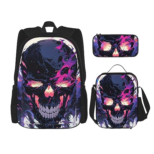 cfpolar 3-teiliger Rucksack, Totenkopf-Flammen-Rucksack, Lunch-Tasche, Federmäppchen, Reise-Laptop-Rucksack, Büchertasche, Lunchbox, Thermo-Kühltasche, Kulturbeutel, Aufbewahrungstasche für Reisen, von cfpolar