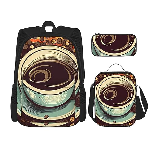 cfpolar 3-teiliger Rucksack, Vintage-Kaffeetasse, Bohnen, Rucksack, Lunch-Tasche, Federmäppchen, Reise-Laptop-Rucksack, Büchertasche, Lunchbox, Thermo-Kühltasche, Kulturbeutel, Aufbewahrungstasche für von cfpolar