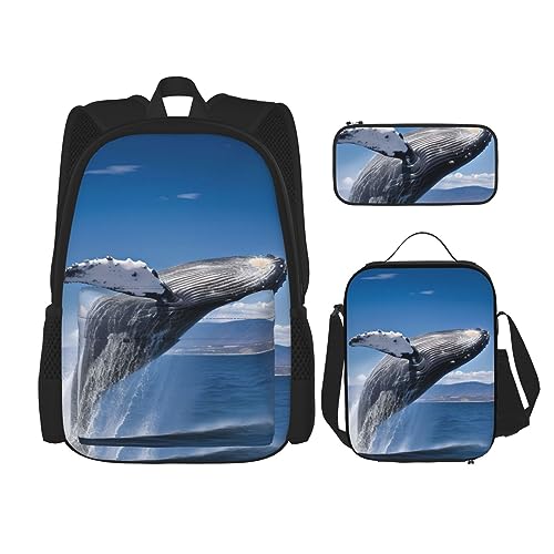 cfpolar 3-teiliger Rucksack, Wal springt aus dem Meer, Rucksack, Lunch-Tasche, Federmäppchen, Reise-Laptop-Rucksack, Büchertasche, Lunchbox, Thermo-Kühltasche, Kulturbeutel, Aufbewahrungstasche für von cfpolar