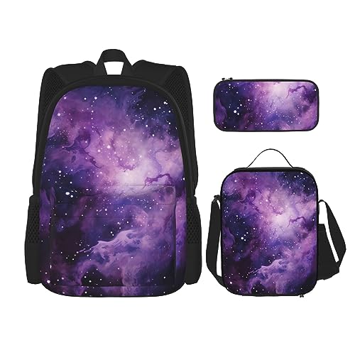 cfpolar 3-teiliger Rucksack, Weltraum-Lila-Galaxie-Rucksack, Lunch-Tasche, Federmäppchen, Reise-Laptop-Rucksack, Büchertasche, Lunchbox, Thermo-Kühltasche, Kulturbeutel, Aufbewahrungstasche für von cfpolar