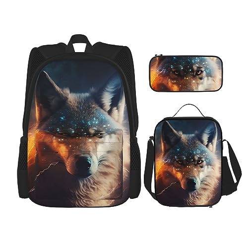 cfpolar 3-teiliger Rucksack, Weltraumfeuer, Eiswolf, Rucksack, Lunch-Tasche, Federmäppchen, Reise-Laptop-Rucksack, Büchertasche, Lunchbox, Thermo-Kühltasche, Kulturbeutel, Aufbewahrungstasche für von cfpolar