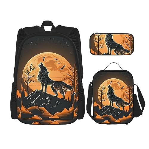 cfpolar 3-teiliger Rucksack, Wolf unter Mond, Lunch-Tasche, Federmäppchen, Reise-Laptop-Rucksack, Büchertasche, Lunchbox, Thermo-Kühltasche, Kulturbeutel, Aufbewahrungstasche für Reisen, Arbeit, von cfpolar