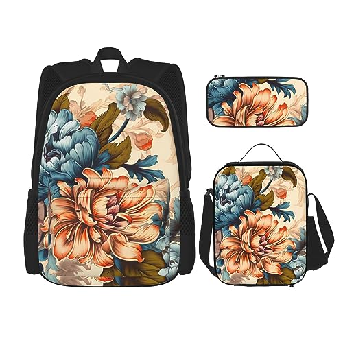 cfpolar 3-teiliger Rucksack, bunte Blumen, Blumenmuster, Lunch-Tasche, Federmäppchen, Reise-Laptop-Rucksack, Büchertasche, Lunchbox, Thermo-Kühltasche, Kulturbeutel, Aufbewahrungstasche für Reisen, von cfpolar