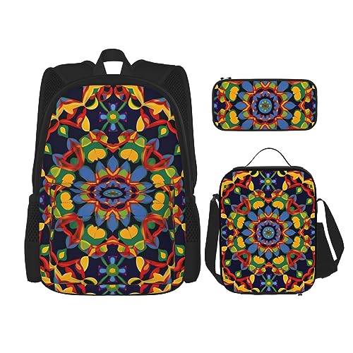 cfpolar 3-teiliger Rucksack, bunte Mandala-Blumen, Rucksack, Lunch-Tasche, Federmäppchen, Reise-Laptop-Rucksack, Büchertasche, Lunchbox, Thermo-Kühltasche, Kulturbeutel, Aufbewahrungstasche für von cfpolar