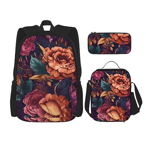 cfpolar 3-teiliger Rucksack, bunte Rosen, Pfingstrosen, Blumen, Rucksack, Lunch-Tasche, Federmäppchen, Reise, Laptop-Rucksack, Büchertasche, Lunchbox, Thermo-Kühltasche, Kulturbeutel, von cfpolar