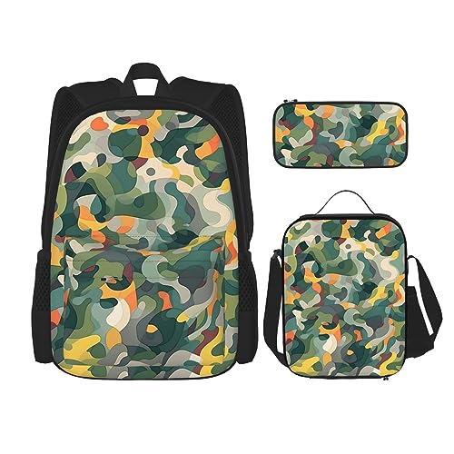 cfpolar 3-teiliger Rucksack, bunte grüne Camouflage-Rucksack, Lunch-Tasche, Federmäppchen, Reise-Laptop-Rucksack, Büchertasche, Lunchbox, Thermo-Kühltasche, Kulturbeutel, Aufbewahrungstasche für von cfpolar