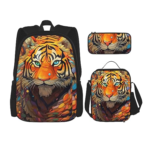 cfpolar 3-teiliger Rucksack, cooler Tigerhaut-Rucksack, Lunch-Tasche, Federmäppchen, Reise-Laptop-Rucksack, Büchertasche, Lunchbox, Thermo-Kühltasche, Kulturbeutel, Aufbewahrungstasche für Reisen, von cfpolar