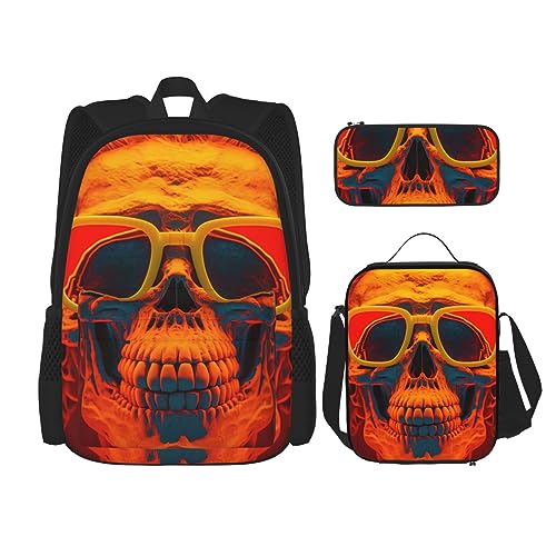 cfpolar 3-teiliger Rucksack, cooler Totenkopf mit Brille, Rucksack, Lunch-Tasche, Federmäppchen, Reise-Laptop-Rucksack, Büchertasche, Lunchbox, Thermo-Kühltasche, Kulturbeutel, Aufbewahrungstasche für von cfpolar