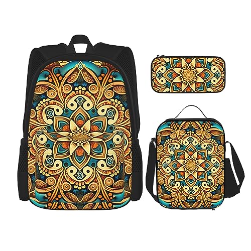 cfpolar 3-teiliger Rucksack, ethnische Blumen, Mandala-Rucksack, Lunch-Tasche, Federmäppchen, Reise-Laptop-Rucksack, Büchertasche, Lunchbox, Thermo-Kühltasche, Kulturbeutel, Aufbewahrungstasche für von cfpolar