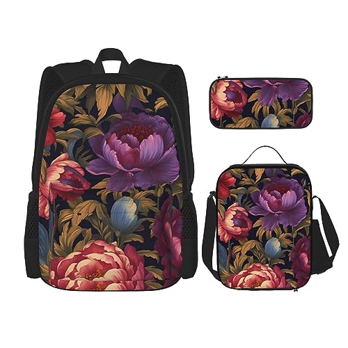 cfpolar 3-teiliger Rucksack, florale Rosen Pfingstrosen Blumen Rucksack Lunchtasche Federmäppchen Reise Laptop Rucksack Büchertasche Lunchbox Thermo-Kühltasche Kulturbeutel Aufbewahrungstasche für von cfpolar