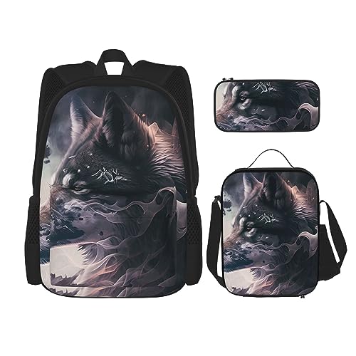 cfpolar 3-teiliger Rucksack, grauer Feuertier-Wolf-Rucksack, Lunch-Tasche, Federmäppchen, Reise-Laptop-Rucksack, Büchertasche, Lunchbox, Thermo-Kühltasche, Kulturbeutel, Aufbewahrungstasche für von cfpolar