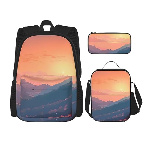 cfpolar 3-teiliger Rucksack, natürliche Landschaft, Berge, Elch, Rucksack, Lunch-Tasche, Federmäppchen, Reise-Laptop-Rucksack, Büchertasche, Lunchbox, Thermo-Kühltasche, Kulturbeutel, von cfpolar