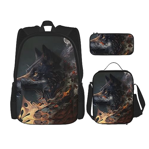 cfpolar 3-teiliger Rucksack, nebliges Tier, schwarzer Wolf, Rucksack, Lunch-Tasche, Federmäppchen, Reise-Laptop-Rucksack, Büchertasche, Lunchbox, Thermo-Kühltasche, Kulturbeutel, Aufbewahrungstasche von cfpolar