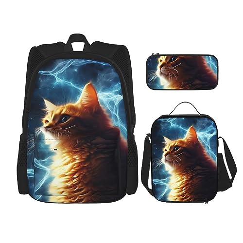 cfpolar 3-teiliger Rucksack, niedliche Katze im Weltraum, Lunch-Tasche, Federmäppchen, Reise-Laptop-Rucksack, Büchertasche, Lunchbox, Thermo-Kühltasche, Kulturbeutel, Aufbewahrungstasche für Reisen, von cfpolar