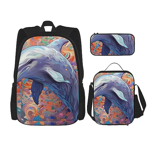 cfpolar 3-teiliger Rucksack, niedlicher Delfin, bunt, dekorativer Rucksack, Lunch-Tasche, Federmäppchen, Reise-Laptop-Rucksack, Büchertasche, Lunchbox, Thermo-Kühltasche, Kulturbeutel, von cfpolar