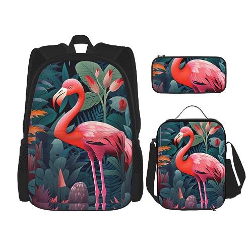 cfpolar 3-teiliger Rucksack, rosa Flamingo-Blumen, Blätter, Rucksack, Lunch-Tasche, Federmäppchen, Reise-Laptop-Rucksack, Büchertasche, Lunchbox, Thermo-Kühltasche, Kulturbeutel, Aufbewahrungstasche von cfpolar