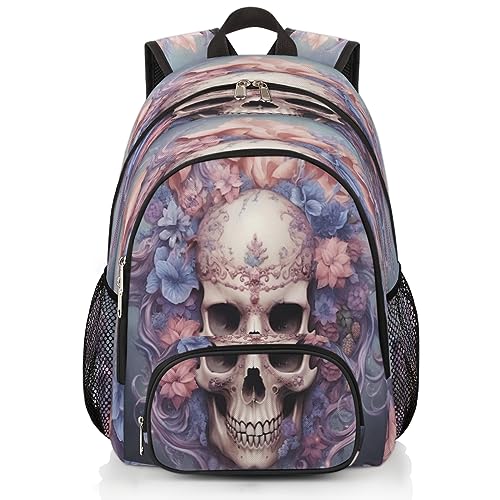 cfpolar Cooler Totenkopf-Rucksack mit Blumen, 42 cm, für Herren und Damen, Reiserucksack mit verstellbarem Riemen, Laptop-Rucksack, Computer-Büchertasche, Tagesrucksack, Tragetasche für Reisen, von cfpolar