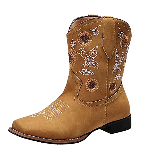 Cowboystiefel Damen Lederstiefel Westernstiefel Mit Blumen Kurzstiefel Vintage Motorrad Biker Ankle Boots Damenstiefel Cowboy Stiefeletten Herbst Winter Arbeitsstiefel Halbstiefel Schlupfstiefel von cfpqv