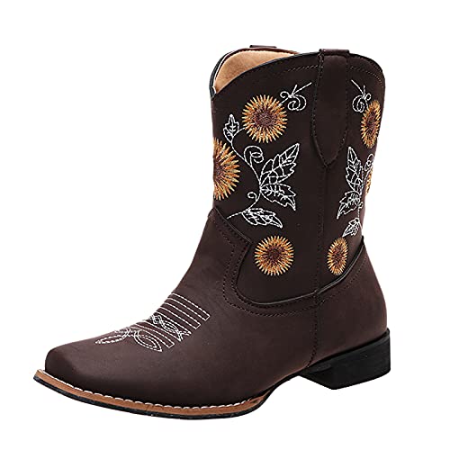 Cowboystiefel Damen Lederstiefel Westernstiefel Mit Blumen Kurzstiefel Vintage Motorrad Biker Ankle Boots Damenstiefel Cowboy Stiefeletten Herbst Winter Arbeitsstiefel Halbstiefel Schlupfstiefel von cfpqv