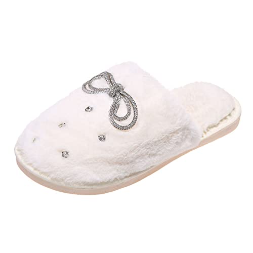 Hausschuhe Damen Winter Plüsch Flache Rutschfeste Pantoffeln Mit Diamanten Bequeme Warme Wohnschuhe Memory Foam Mit Fellfutter Hausschlappen Flauschige Kuschel Hüttenschuhe Stylisches Slip On Slippers von cfpqv