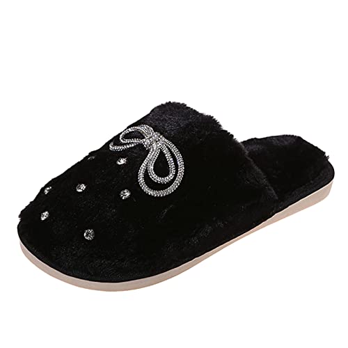 Hausschuhe Damen Winter Plüsch Flache Rutschfeste Pantoffeln Mit Diamanten Bequeme Warme Wohnschuhe Memory Foam Mit Fellfutter Hausschlappen Flauschige Kuschel Hüttenschuhe Stylisches Slip On Slippers von cfpqv