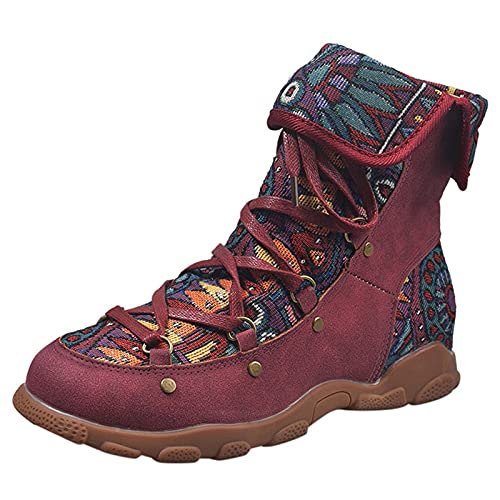 cfpqv Stiefeletten Damen Schnürstiefel High Top Sneaker Vintage Schnürstiefeletten Mit Blumen Arbeitsschuhe Flache Freizeitschuhe Schlupfstiefel Halbstiefel Ankle Boots Kurzstiefel Wanderstiefel von cfpqv