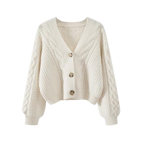 Strickjacke Damen Kurz Elegant V-Ausschnitt Strickjacken Button Down Cardigan Open Front Strickcardigan Sommerliche Strickmantel Vintage Dünne Jacke Casual Langarm Sweater Strickpullover Jakce von cfpqv