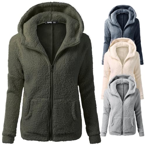 cfpqv Teddy Jacke Herbst Damen Fleecejacke Winter Warme Kapuzenpullover Einfarbig Revers Fleecejacke Mit Reißverschluss Winterjacke Sweatshirt Große Größen Flauschig Plüschjacke von cfpqv