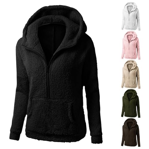 cfpqv Winterjacke Damen Teddyjacke Fleecejacke Mit Reißverschluss Kapuzenteddyfleece Jacke Einfarbige Kapuzenjacke Sweatshirt Große Größen Plüschjacke Thermal Teddy Wintermantel von cfpqv