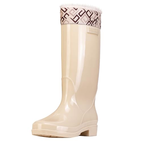 cfpqv Women's Spring Summer Autumn and Winter High Top Plus Velvet Cotton Removable and Washable Outdoor Fashion Work Fishing Car Wash Kitchen Non Slip Warm Rain Boots Damenschuhe (Beige, 40) von cfpqv