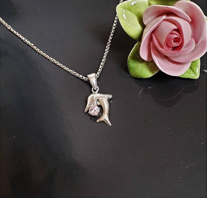 Anhänger Silberanhänger Delfin 925 Silber Delphin Mit Kristallstein Pink San134 von chainsio