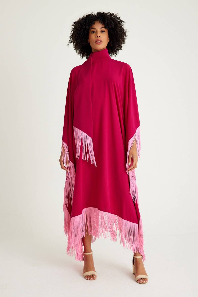 Fuchsia Pink Fransen Kaftan Kleid Krawatte Hals Abendkleid von chameleonconcept