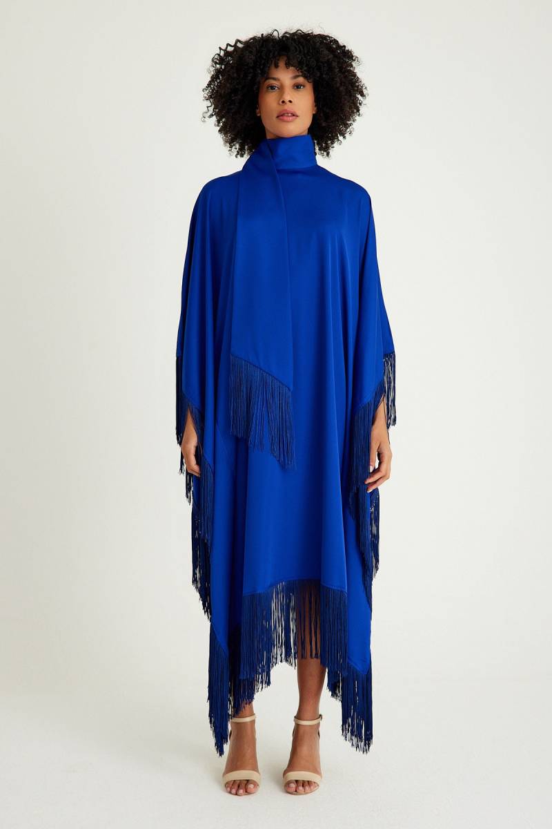 Sax Blau Fransen Kaftan Kleid Mit Krawatte Hals Detailliert von chameleonconcept