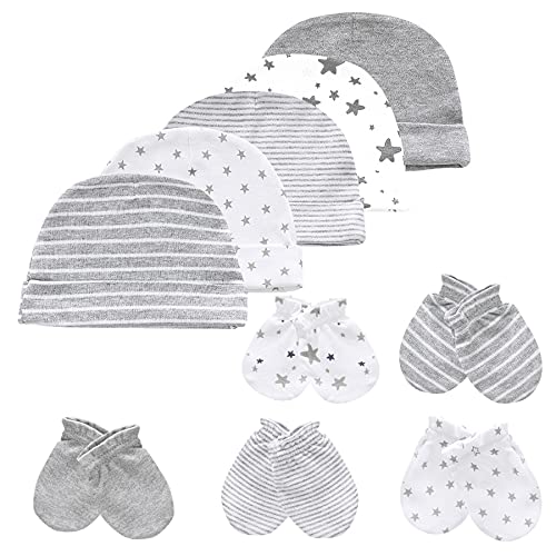 chamie Babymütze und Fäustlinge, Neugeborenes Set, 5 Mützen und 5 Paar Fäustlinge für Babys, Jungen, Mädchen, 0-6 Monate, 100% Baumwolle, Grau von chamie