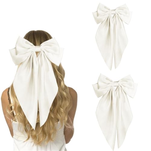 4 Stück Haarschleifen Clips, Automatisch Groß Klassische Haarspangen Bowknot-Clips, Haarspangen mit großer Schleife und langem seidigem Satin, Für Frauen Mädchen (Milchig Weiß) von champracer
