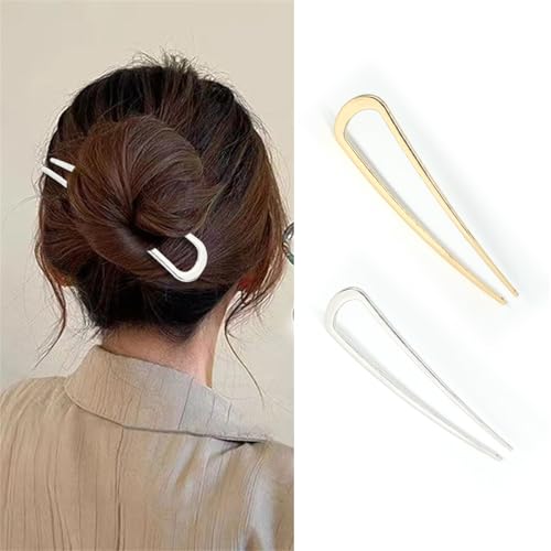 4 Stücke U-förmige Haarnadel Französisch Stil Haarspange, Metall U-Förmige Haarnadel, Haarnadel mit französischer Drehung, für Frauen Mädchen Brötchen Haarschmuck (Silber + Gold) von champracer