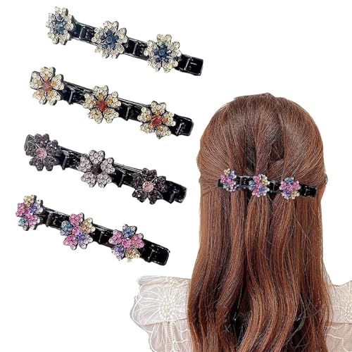 Glitzernde Kristall-Stein Geflochtene Haarspangen, Elegante Haarstyling Clips Glänzende Strass-Haarspange mit 3 Mini Clips, Doppelschicht-Mini-Haarspangen für Frauen und Mädchen (4 Stück) von champracer